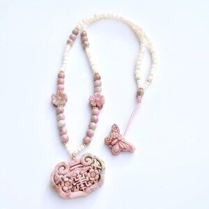 【SOLD】Pink Flora Lock Beaded Necklace - Rhodonite